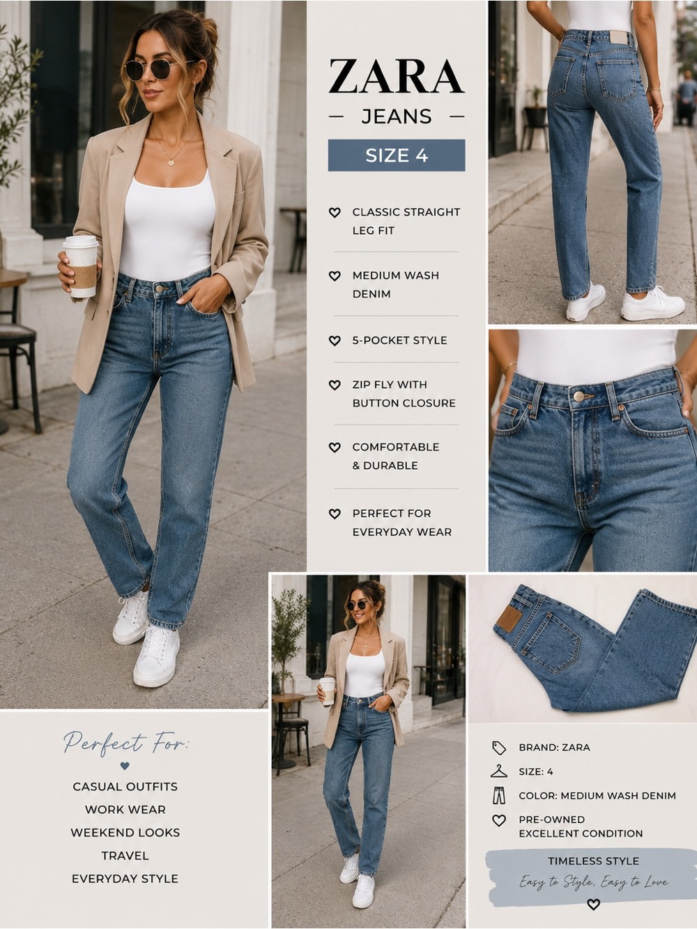 Zara Medium Wash Straight-Leg Jeans — Blue